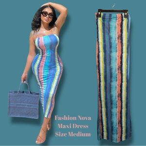 Fashion Nova Dress Blue Tie Dye Striped Strapless Maxi NWOT Size Medium
